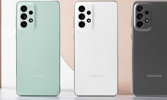 Samsung Galaxy A series phones in green, white and grey