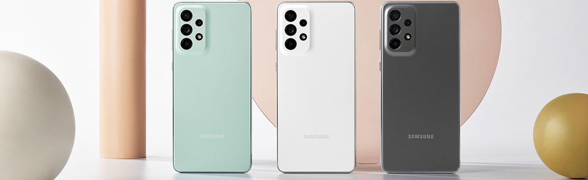 Samsung Galaxy A series phones in green, white and grey