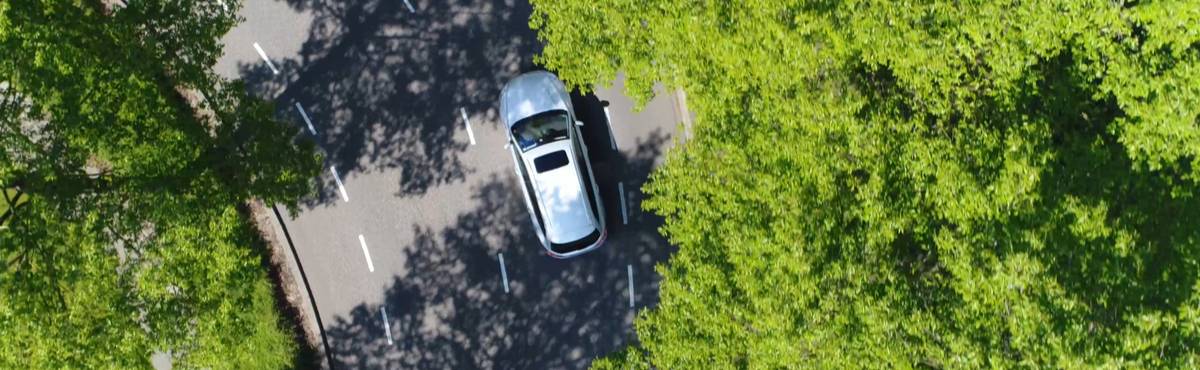 Electric vehicle driving through trees birds eye view