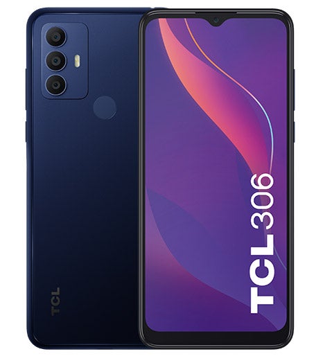 TCL 306 phone front and back in blue