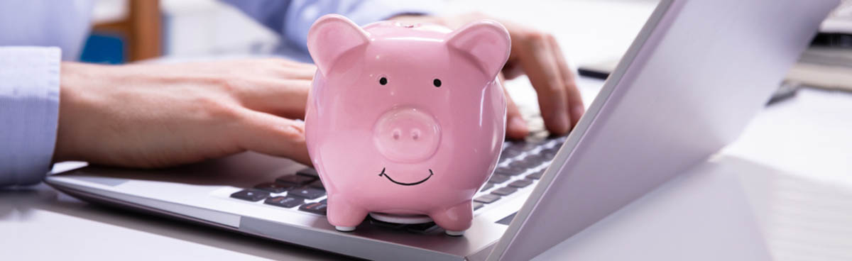 Piggy bank in front of internet