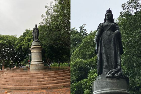 Two side-by-side shots of a stature of Queen Victoria