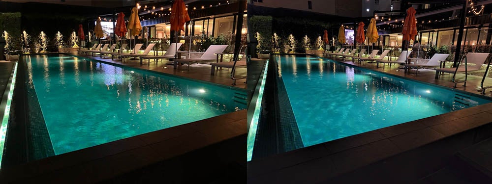 Two side-by-side shots of a hotel pool at night