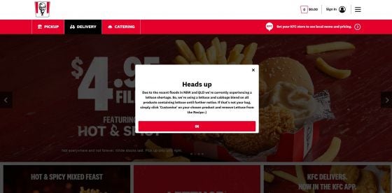 KFC website notice about lettuce