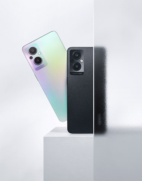 Back of black and rainbow OPPO Reno8 Lite 5G phones