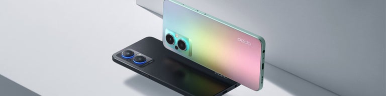 OPPO Reno8 Lite 5G phones in black and rainbow