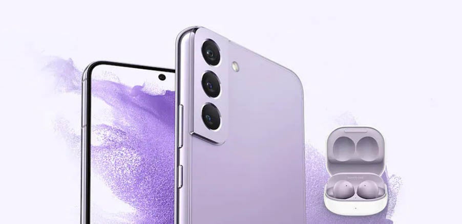 Purple Samsung Galaxy phone with purple earbuds
