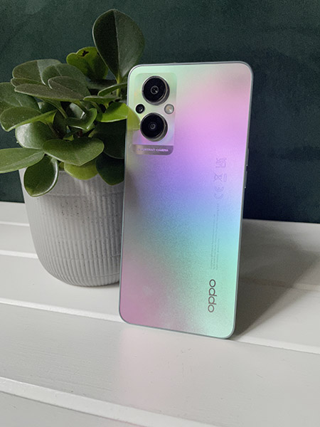 Back of OPPO Reno8 Lite 5G phone in rainbow colour