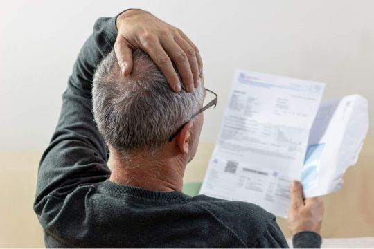 Stressed older man looking at his energy bill.