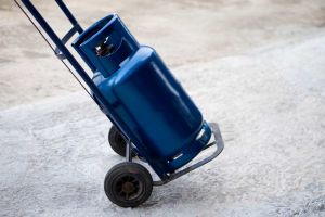 Blue LPG heater on a trolley in a driveway.