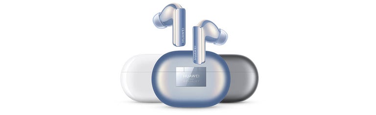 Huawei earbuds in silver, white and blue