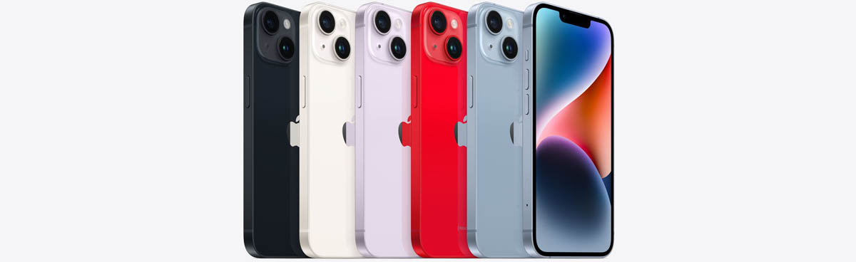 iPhone 14 phones in various colours