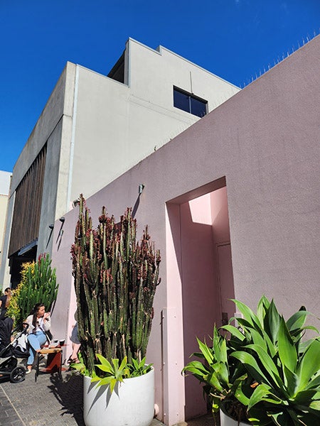 Outdoor photo of pink building