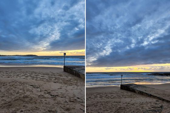 Comparison photos of beach at sunrise