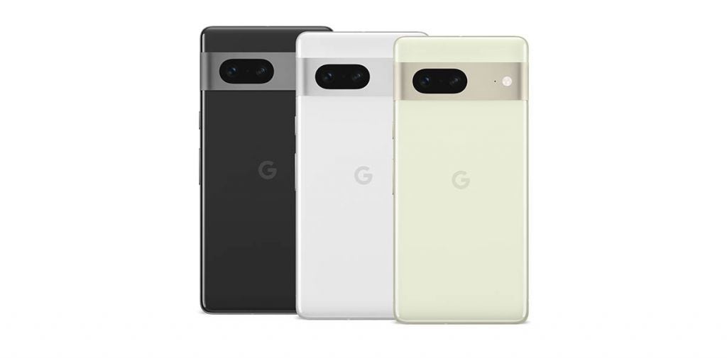 Google Pixel 7 phones in black, white and green