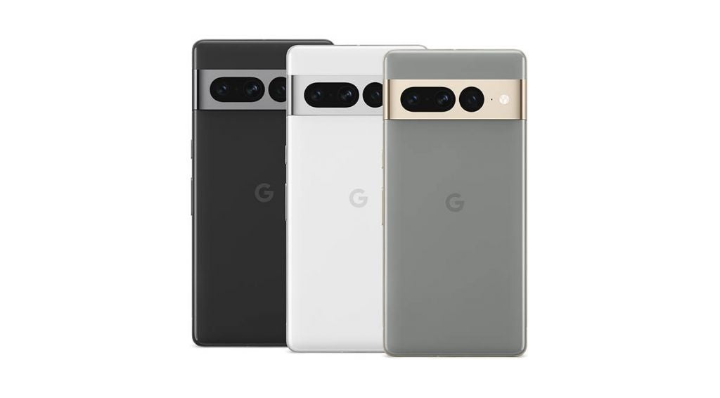 Google Pixel 7 Pro phones in white, black and grey