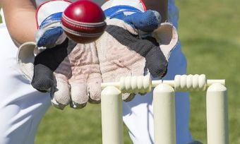 Cricket stumps with ball being caught above it.