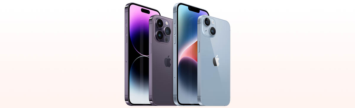 Purple and blue iPhone 14 and 14 Pro phones