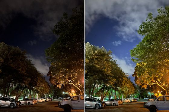 Comparison of Night Mode for iPhone showing car park at night