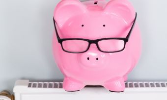 Piggy bank on heater with glasses on.