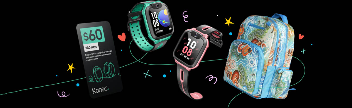 Backpack, kids' watches and a SIM card on a black background