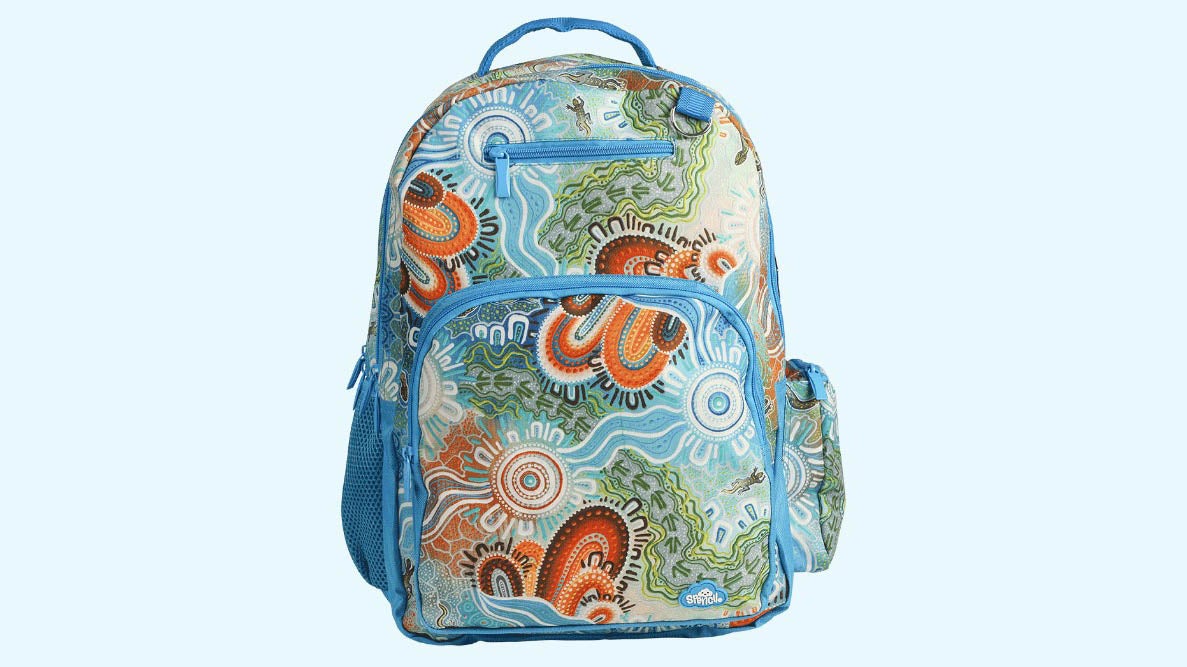 Blue backpack with Indigenous design