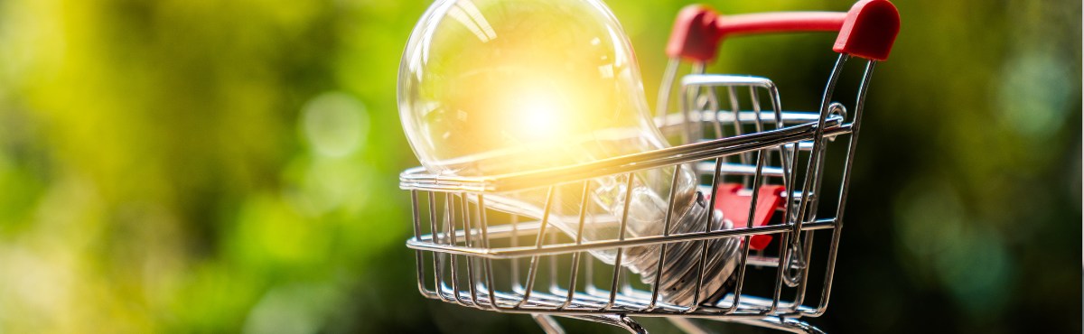 Lightbulb sitting in small shopping trolley outside