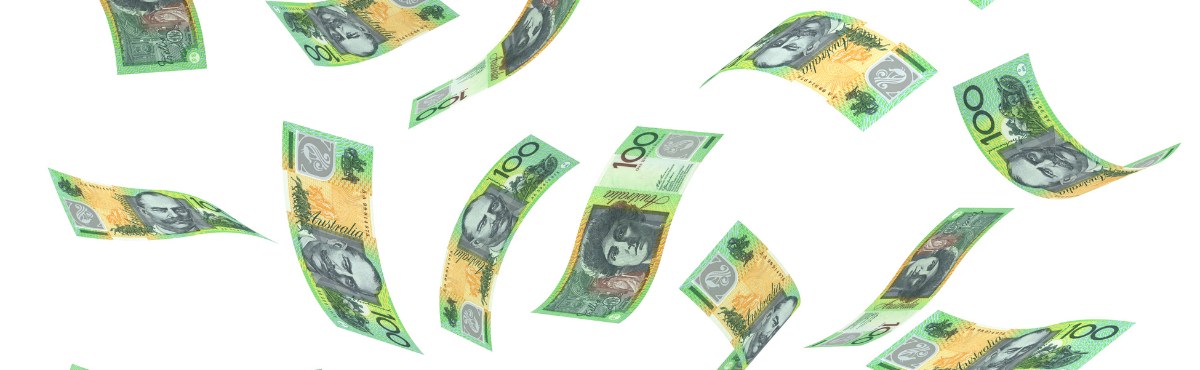 Australian $100 notes flying in the air on white background.