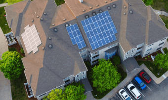 Top view of house with solar panels on roof