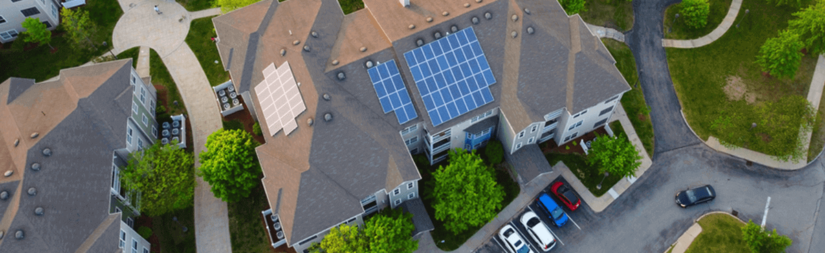 Top view of house with solar panels on roof