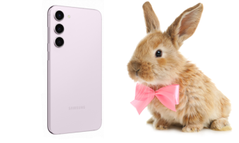 Samsung Galaxy S23 in purple next to small bunny with a pink neckerchief