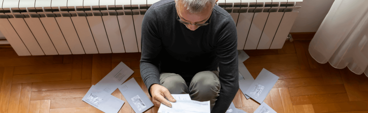 Old man looking at energy bills, worried, in front of heater.