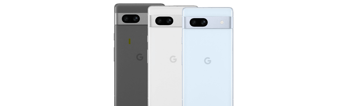 Google Pixel 7a phone range in charcoal, snow and sea colours