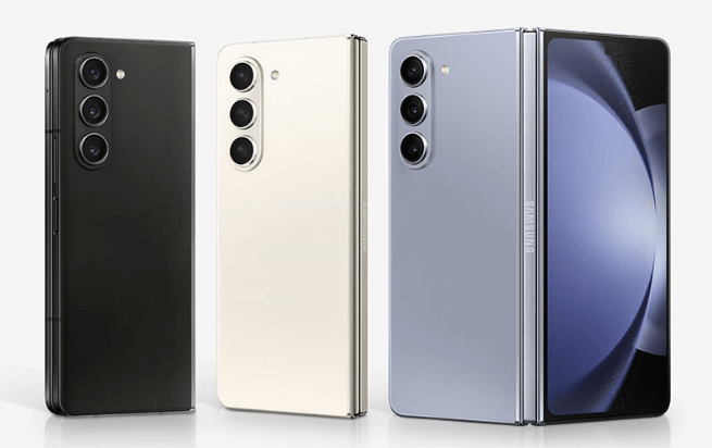 Samsung Galaxy Z Fold 5 phone range in white, black and blue