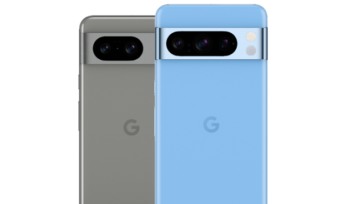 Blue Pixel 8 Pro phone and grey Pixel 8
