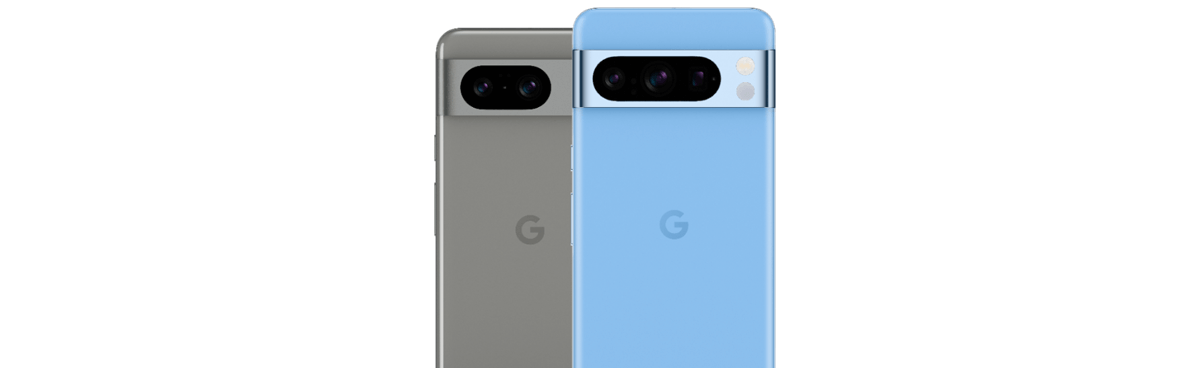 Blue Pixel 8 Pro phone and grey Pixel 8