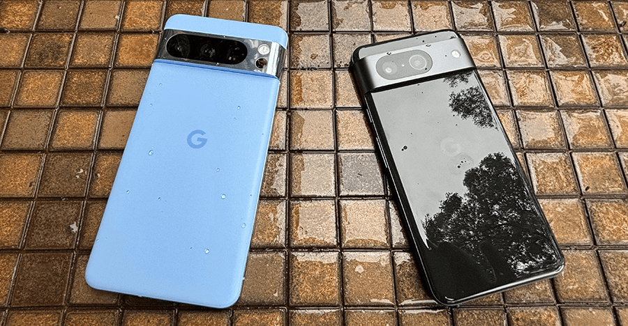 Google Pixel 8 phones outdoors in rain