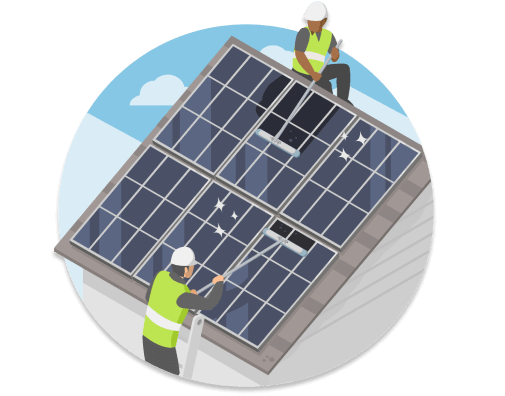 Two solar installers cleaning solar panels on a roof