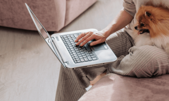 Woman using laptop at home with cute dog