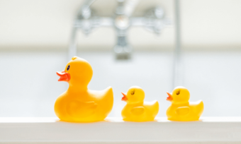 Yellow rubber ducks on the side of a white bath tub