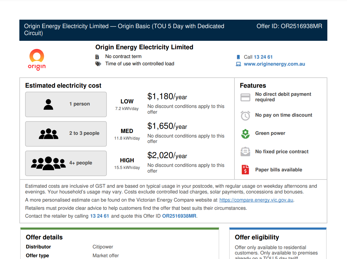 Origin vic price
