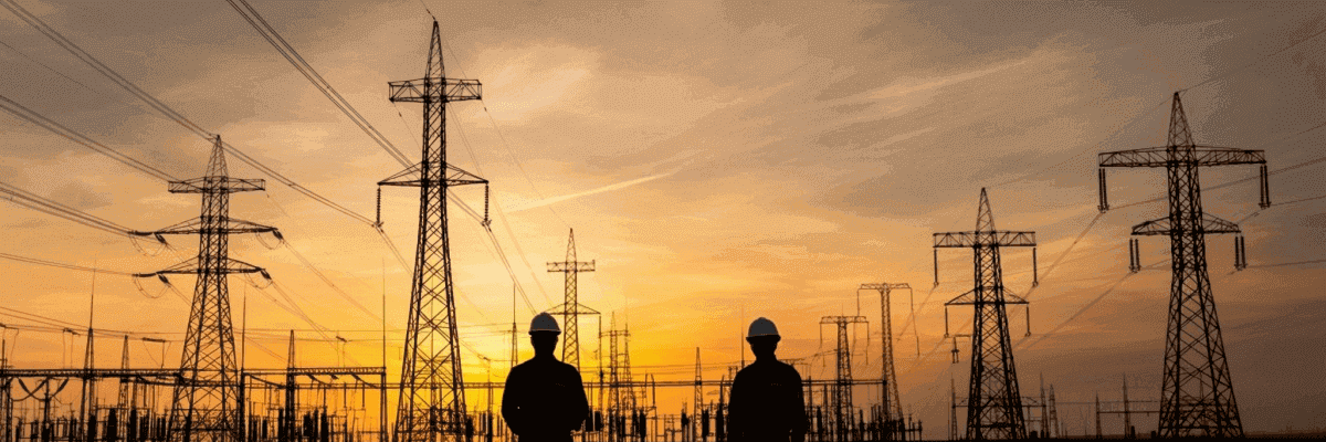 Two people looking at high voltage power poles and a sunset