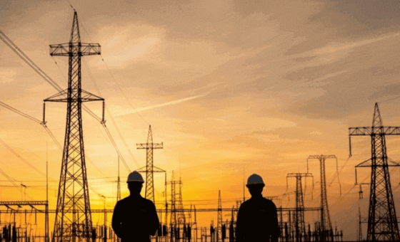 Two people looking at power lines and poles