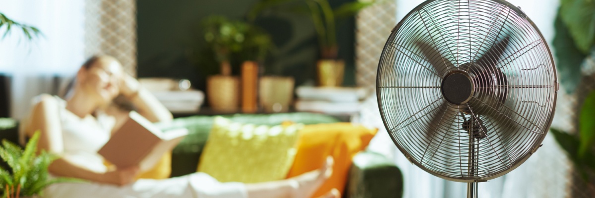 Pedestal fan facing away from a woman seated on a sofa