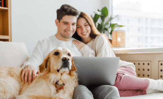 Happy couple using laptop with fast internet at home