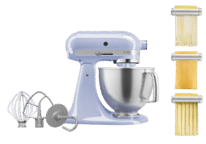 Light purple KitchenAid stand mixer with pasta making accessories